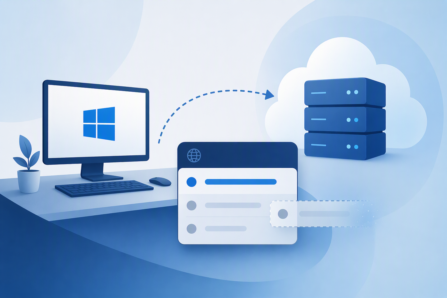 Un poste Windows relié par une flèche en pointillés à un serveur infonuagique, à côté d'un panneau DNS qui s'estompe.